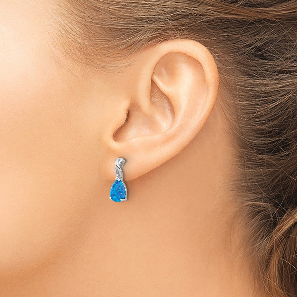 Sterling Silver RH-plated Polished Blue Cr. Opal Teardrop Post Earrings