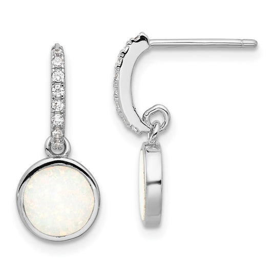 Sterling Silver RH-plated Polished CZ & Created Opal Post Dangle Earrings