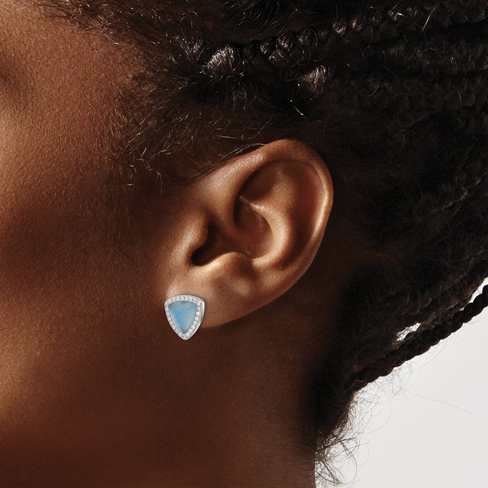 Sterling Silver Rhodium-plated CZ & Blue Chalcedony Triangle Post Earrings