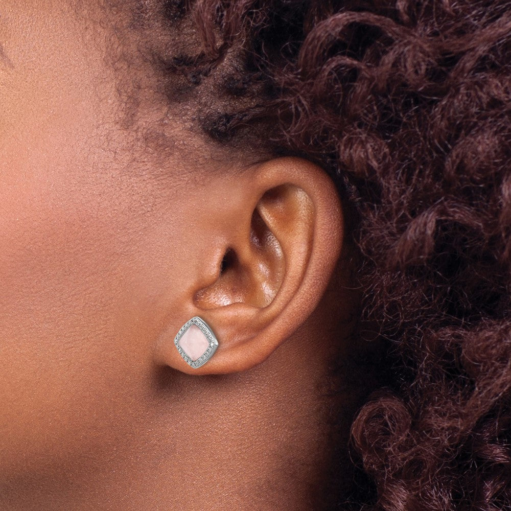 Sterling Silver Rhod-plated Polished CZ & Rose Quartz Square Post Earrings