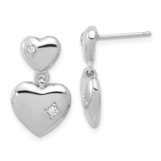 Sterling Silver Rhodium-plated Polished CZ Heart Dangle Post Earrings