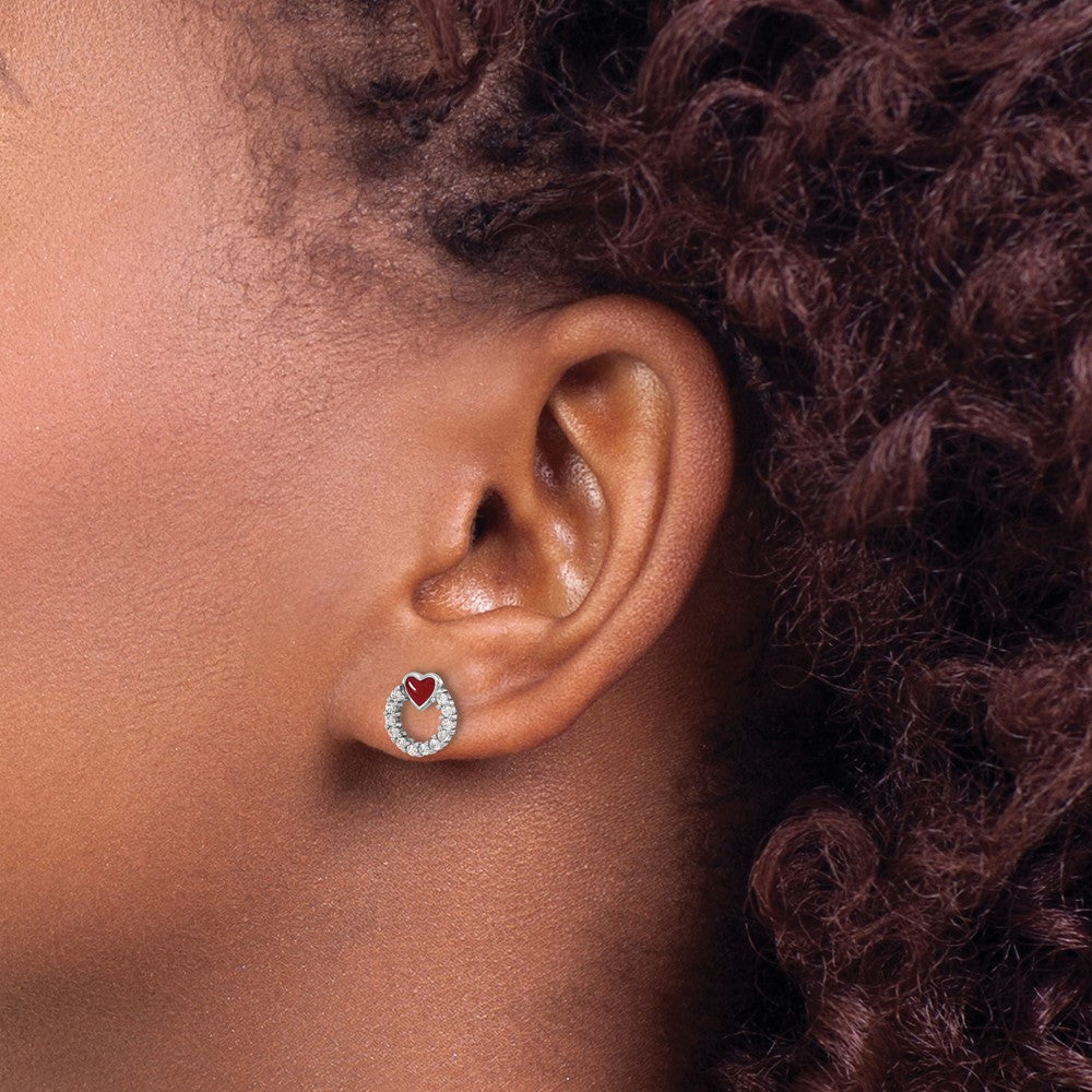 Sterling Silver Rhodium-plated Enamel CZ Heart Post Earrings