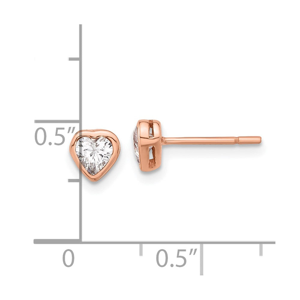 Sterling Silver Rose Tone CZ Bezel Heart Post Earrings