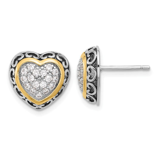 Sterling Silver Rh-plated  w/14k accent CZ Cluster Heart Post Earrings