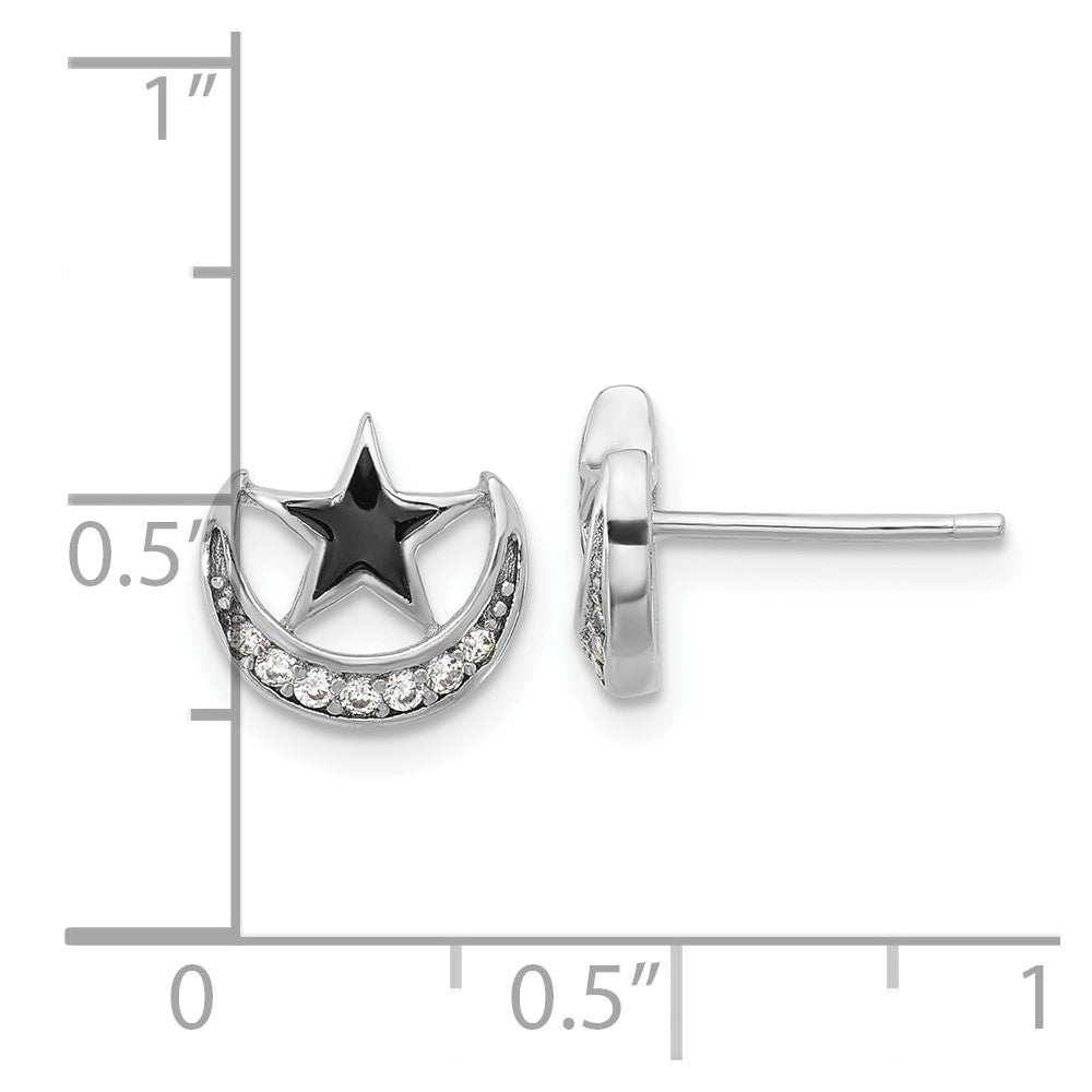 Sterling Silver Rhodium-plated Enamel CZ Star and Moon Post Earrings
