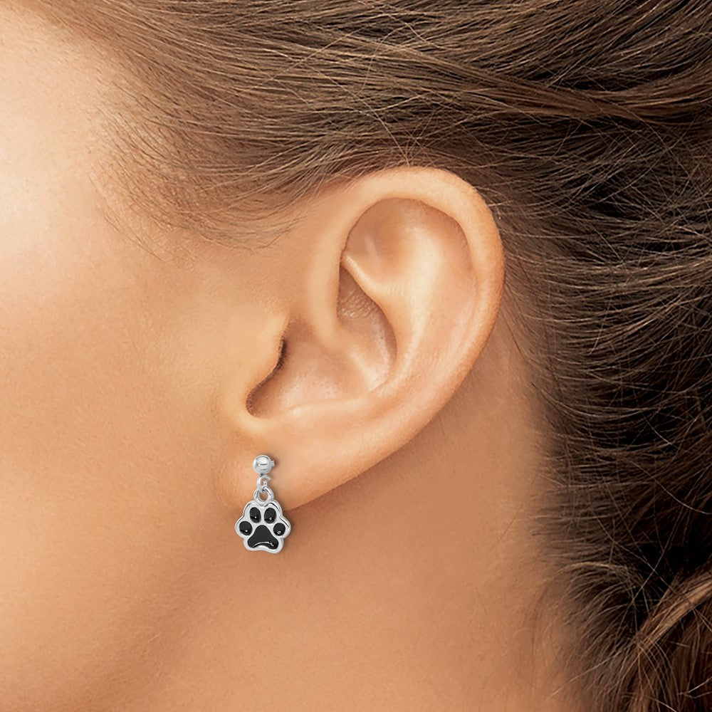 Sterling Silver Rhodium-plated Enameled Dog Paw Post Dangle Earrings
