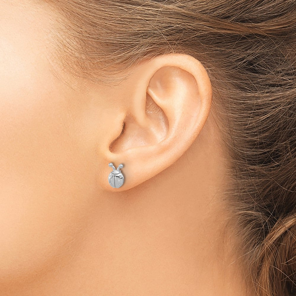 Sterling Silver Flash Platinum-plated CZ Ladybug Post Earrings