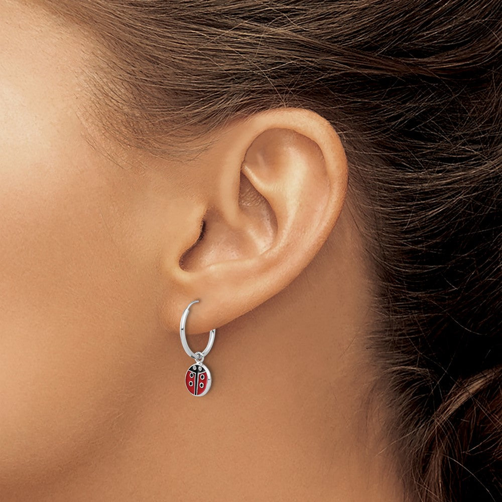 Sterling Silver Rh-plated Enamel Ladybug Dangle Eternity Hoop Earrings