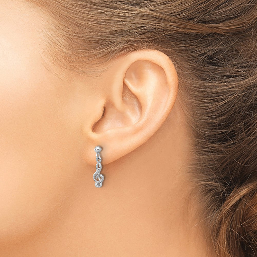 Sterling Silver Rhodium-plated CZ Treble Clef Post Dangle Drop Earrings