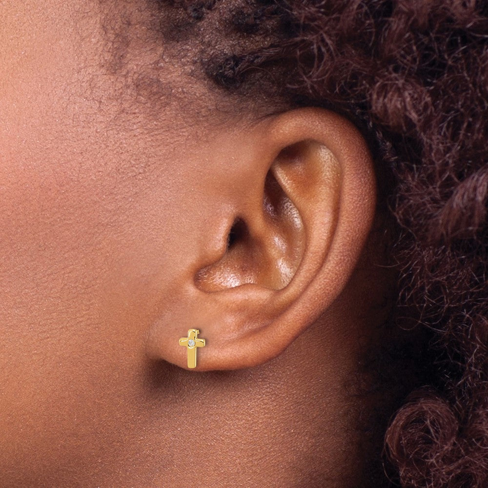 Sterling Silver Gold-tone Polished CZ Cross Post Earrings
