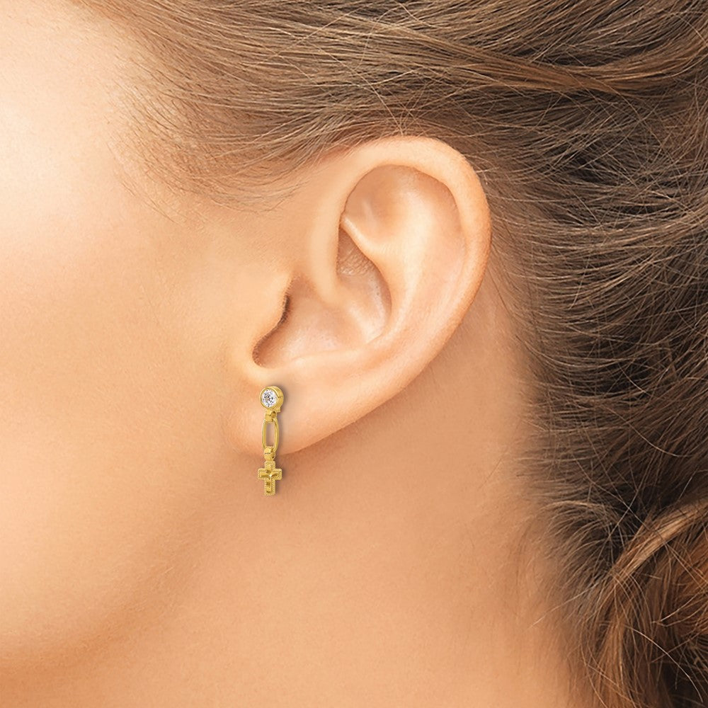 Sterling Silver Gold-tone Polished & Textured CZ Cross Post Dangle Earrings