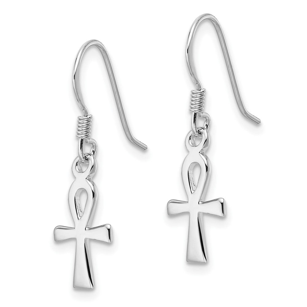 Sterling Silver RH-plated Polished Egyptian Cross Ankh Dangle Earrings