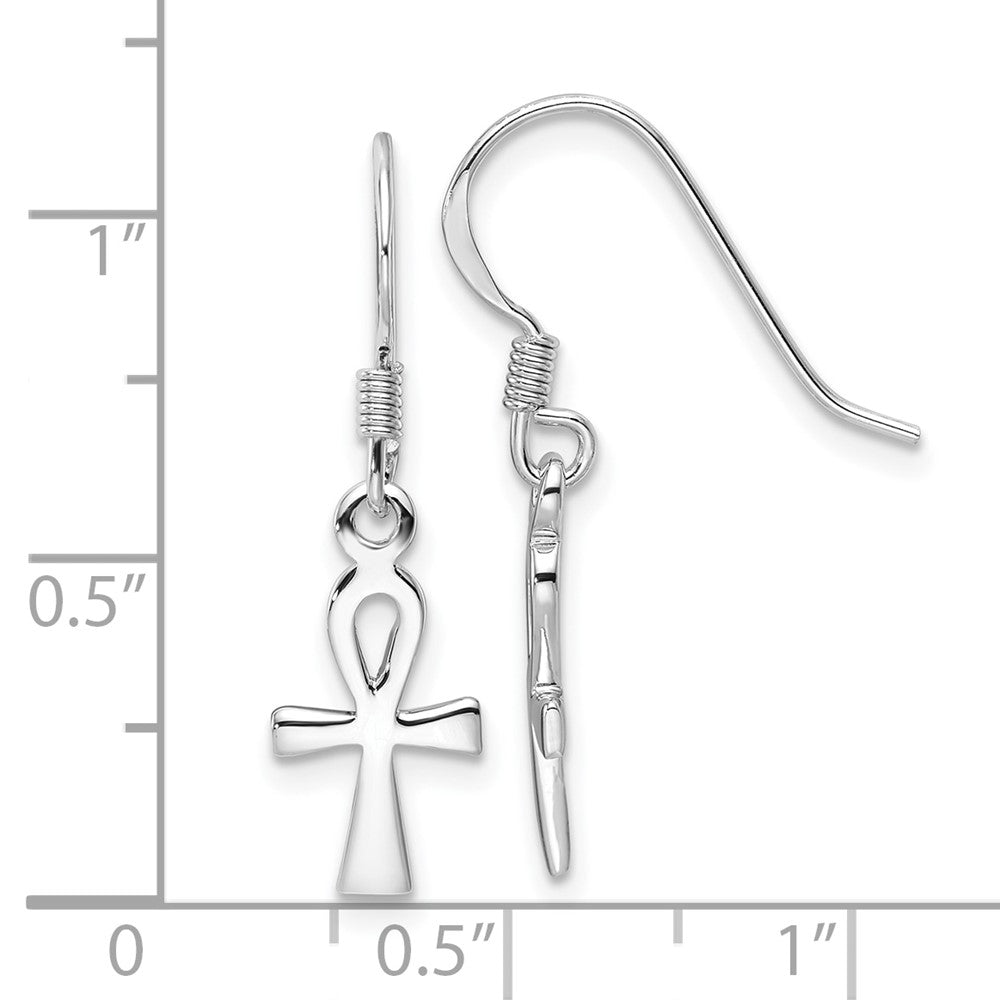 Sterling Silver RH-plated Polished Egyptian Cross Ankh Dangle Earrings