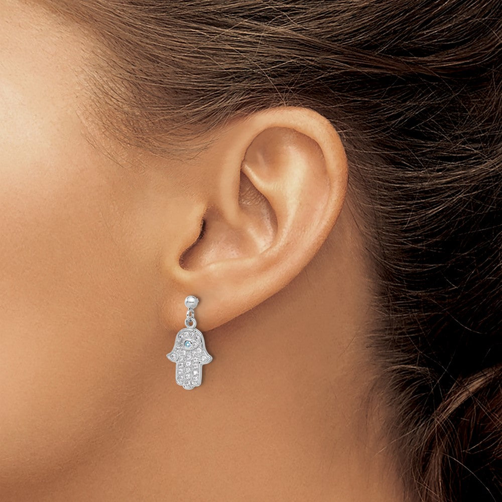 Sterling Silver RH-pltd Blue/White CZ Evil Eye Hamsa Post Dangle Earrings