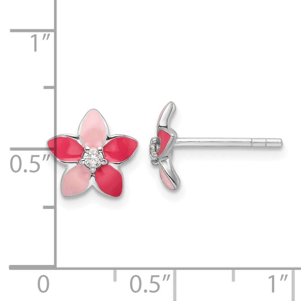 Sterling Silver RH-plated Pink Enamel & CZ Flower Children's Post Earrings