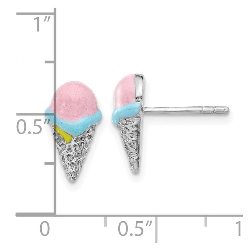 Sterling Silver Rhodium-plated Polished Multi-color Enamel Ice Cream Cone Children's Post Earrings