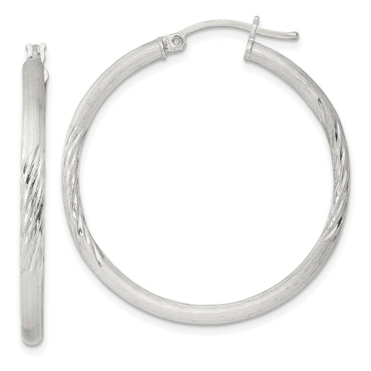 Sterling Silver 2.5mm Polished/Satin D/C Hoop Earrings