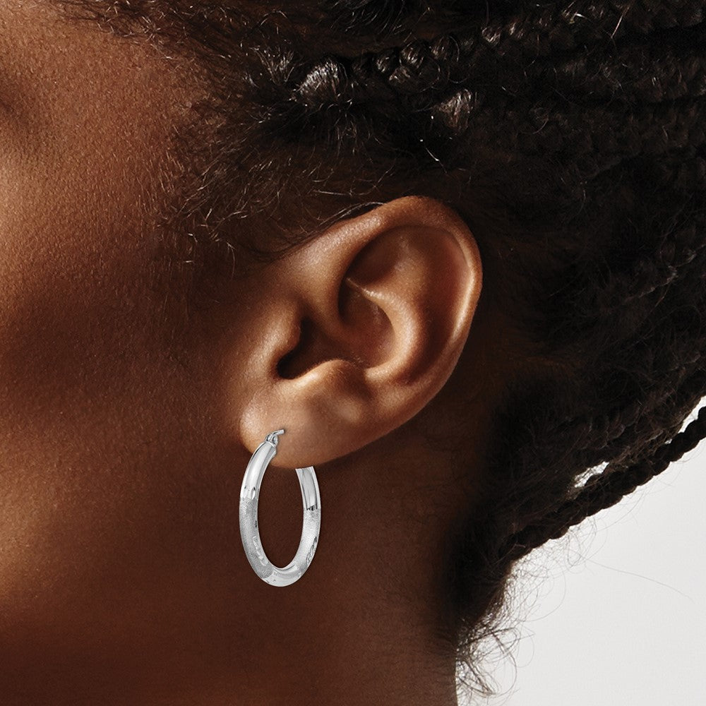 Sterling Silver Rhodium-plated 3mm Polished/Satin Diamond-cut Hoop Earrings