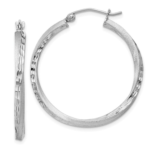 Sterling Silver RH-plated Satin Diamond-cut 2.5x30mm Twisted Hoop Earrings