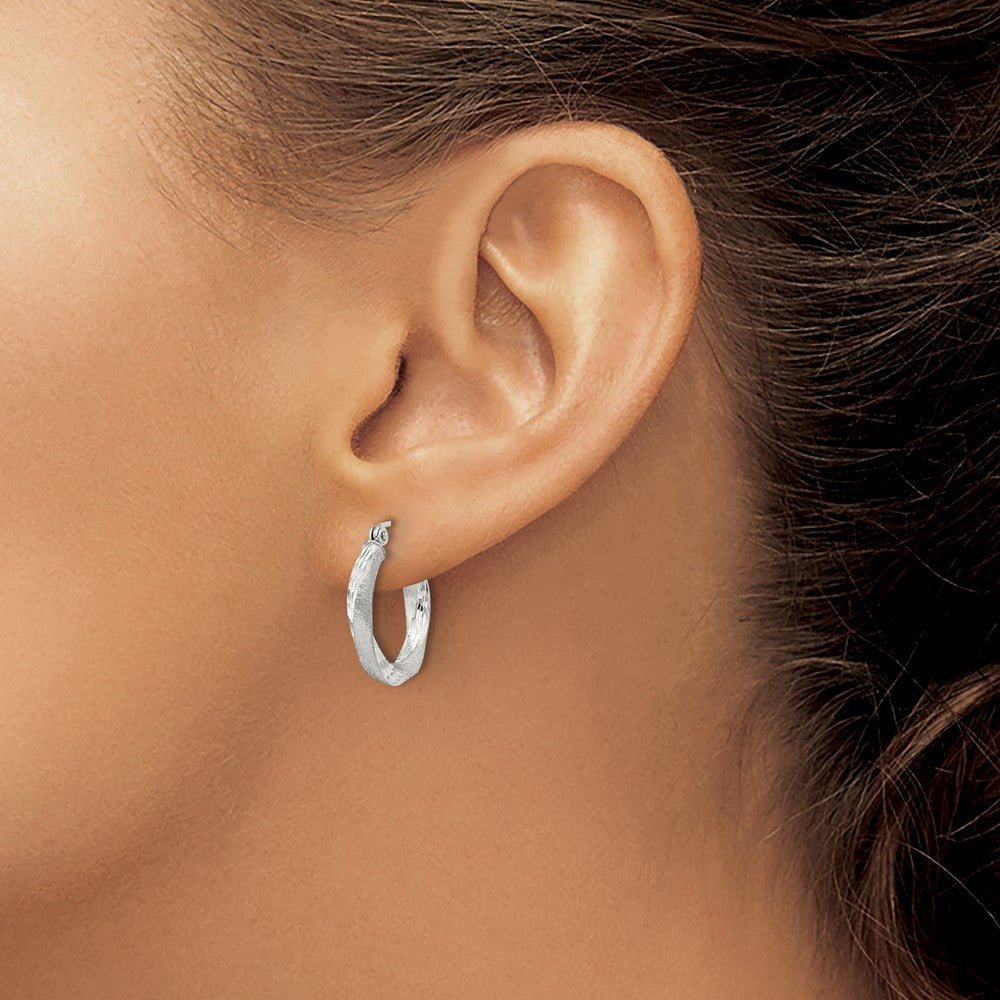 Sterling Silver Satin D/C Twisted 3x18mm Hoop Earrings
