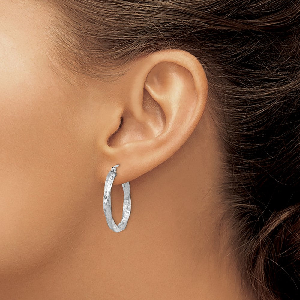 Sterling Silver Rhod-plated Satin Diamond-cut Twisted 3x25mm Hoop Earrings