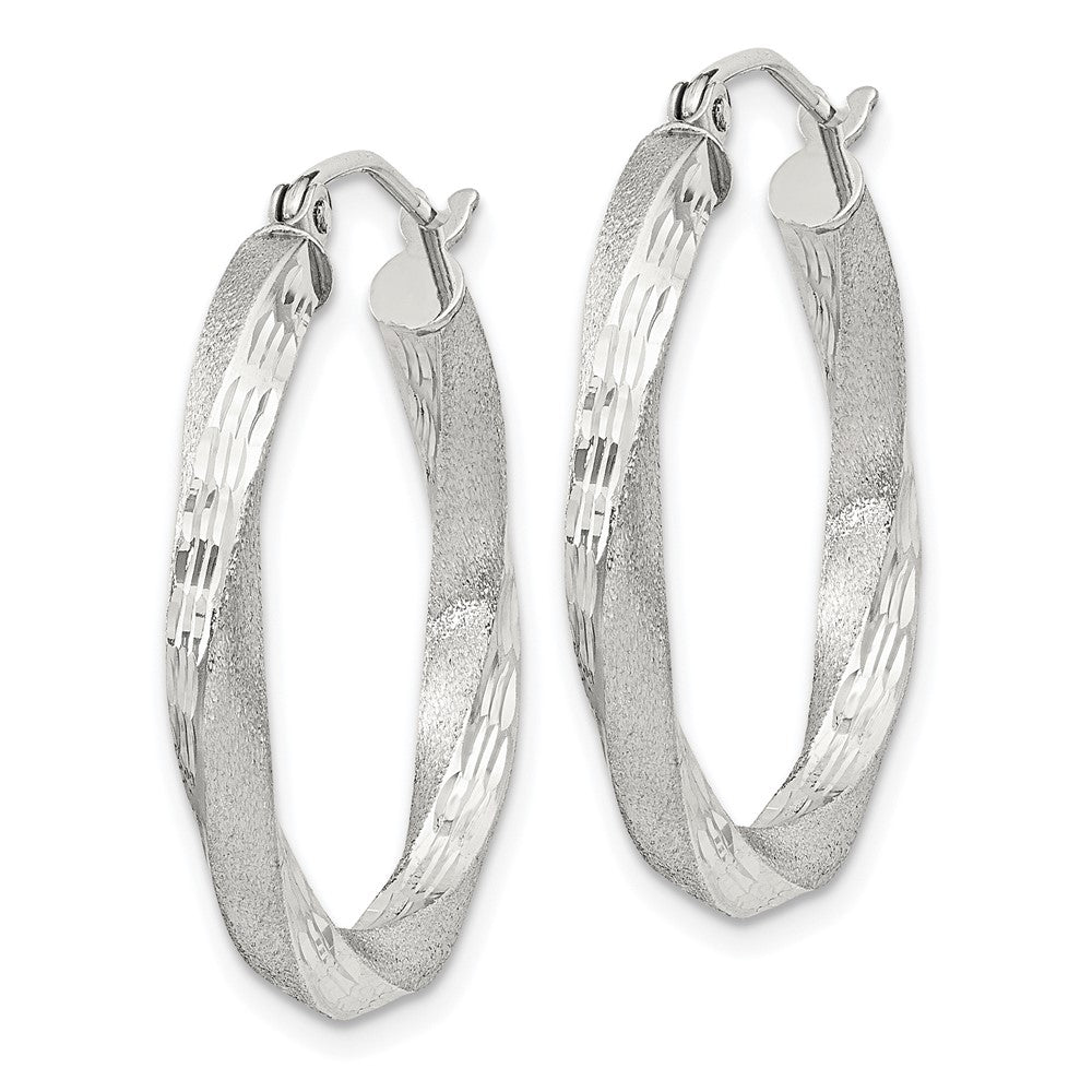 Sterling Silver Satin D/C Twisted 3x25mm Hoop Earrings