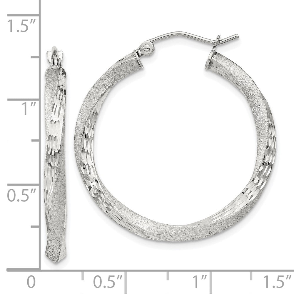 Sterling Silver Satin D/C Twisted 3x30mm Hoop Earrings