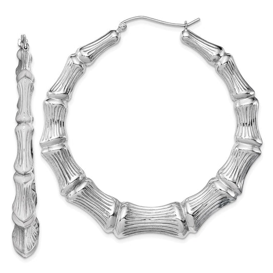 Sterling Silver Rhodium-plated Bamboo Round Hoop Earrings