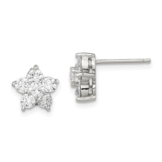 Sterling Silver Rhodium-plated CZ Flower Post Earrings