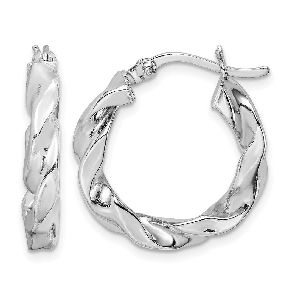 Sterling Silver Rhodium Plated Twisted 3.5x20mm Hoop Earrings