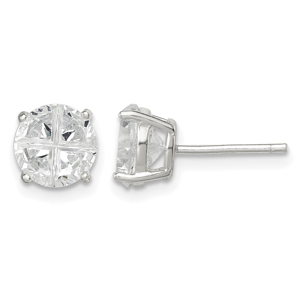 Sterling Silver 7mm Round Basket Set Cross-cut CZ Stud Earrings