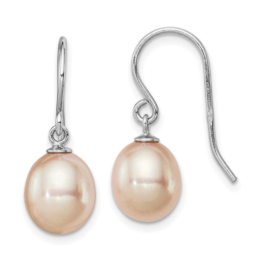 Sterling Silver Rhodium-plated 8-9mm Pink Teardrop Freshwater Cultured Pearl Dangle Earrings