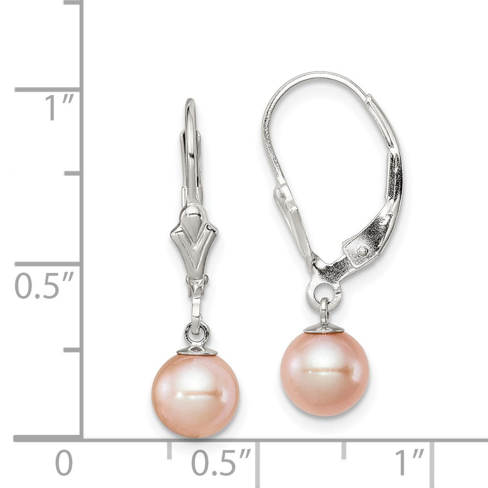 Sterling Silver Rhodium-plated 6-7mm Pink Round Freshwater Cultured Pearl Leverback Dangle Earrings