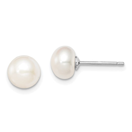 Sterling Silver Rhodium-plated 7-8mm White Button Freshwater Cultured Pearl Post Earrings