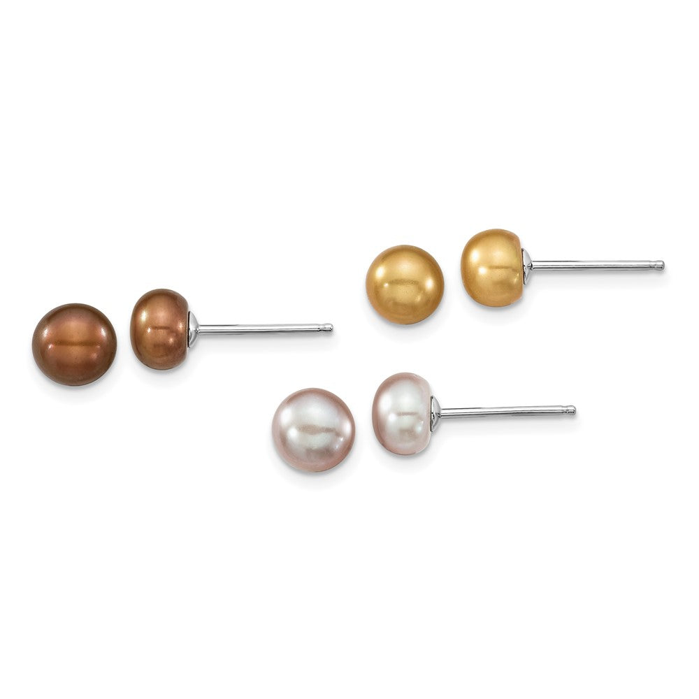 Sterling Silver Rhodium-plated White, Yellow and Brown Semi-Round Freshwater Cultured Pearl 18 inch Necklace, 7.25 inch Bracelet and 3-piece Button Post Earrings Set