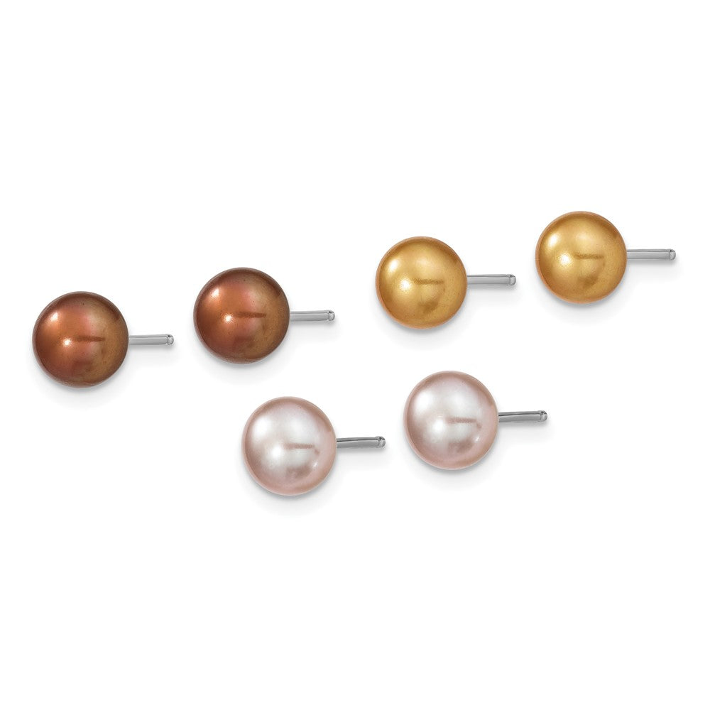 Sterling Silver Rhodium-plated White, Yellow and Brown Semi-Round Freshwater Cultured Pearl 18 inch Necklace, 7.25 inch Bracelet and 3-piece Button Post Earrings Set