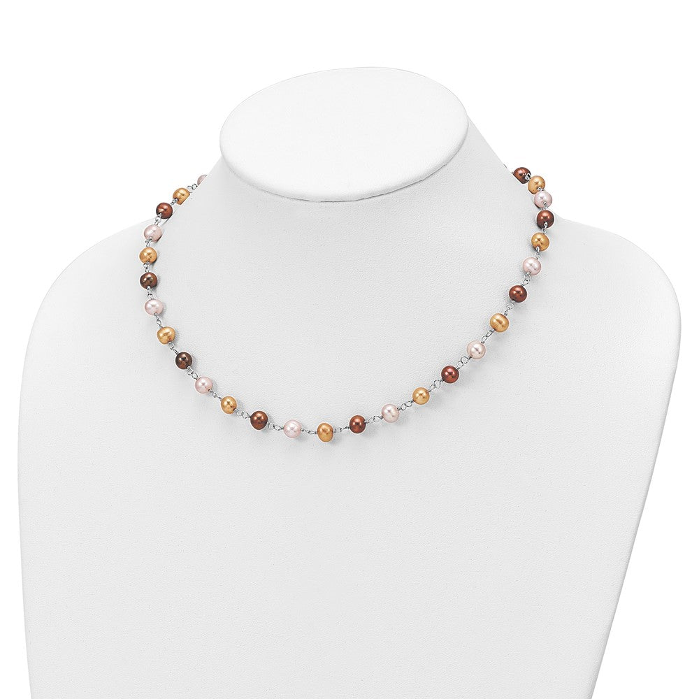 Sterling Silver Rhodium-plated White, Yellow and Brown Semi-Round Freshwater Cultured Pearl 18 inch Necklace, 7.25 inch Bracelet and 3-piece Button Post Earrings Set
