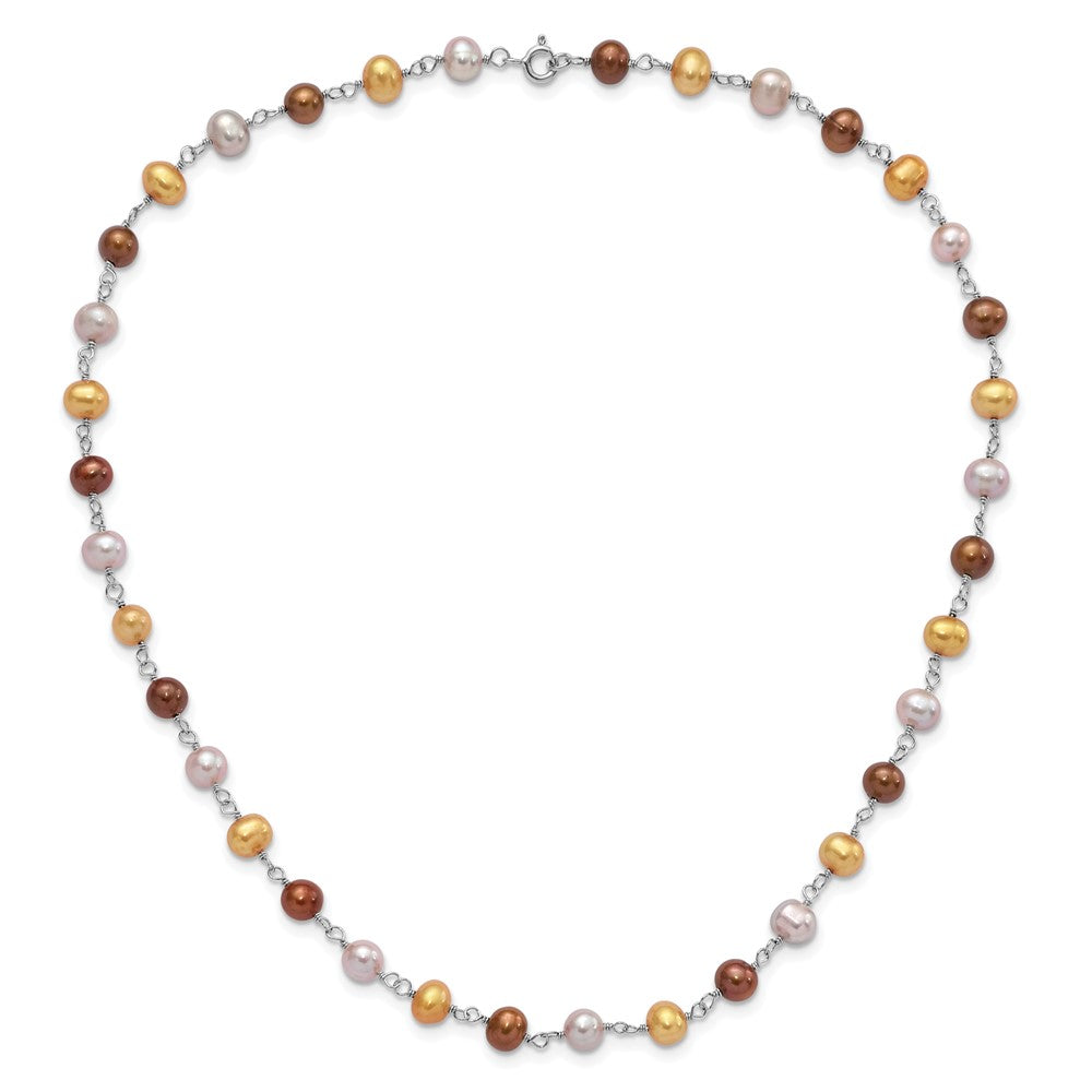 Sterling Silver Rhodium-plated White, Yellow and Brown Semi-Round Freshwater Cultured Pearl 18 inch Necklace, 7.25 inch Bracelet and 3-piece Button Post Earrings Set