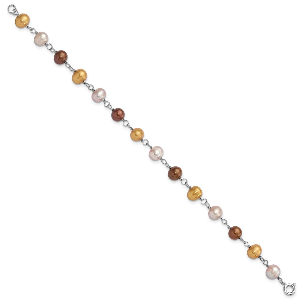 Sterling Silver Rhodium-plated White, Yellow and Brown Semi-Round Freshwater Cultured Pearl 18 inch Necklace, 7.25 inch Bracelet and 3-piece Button Post Earrings Set