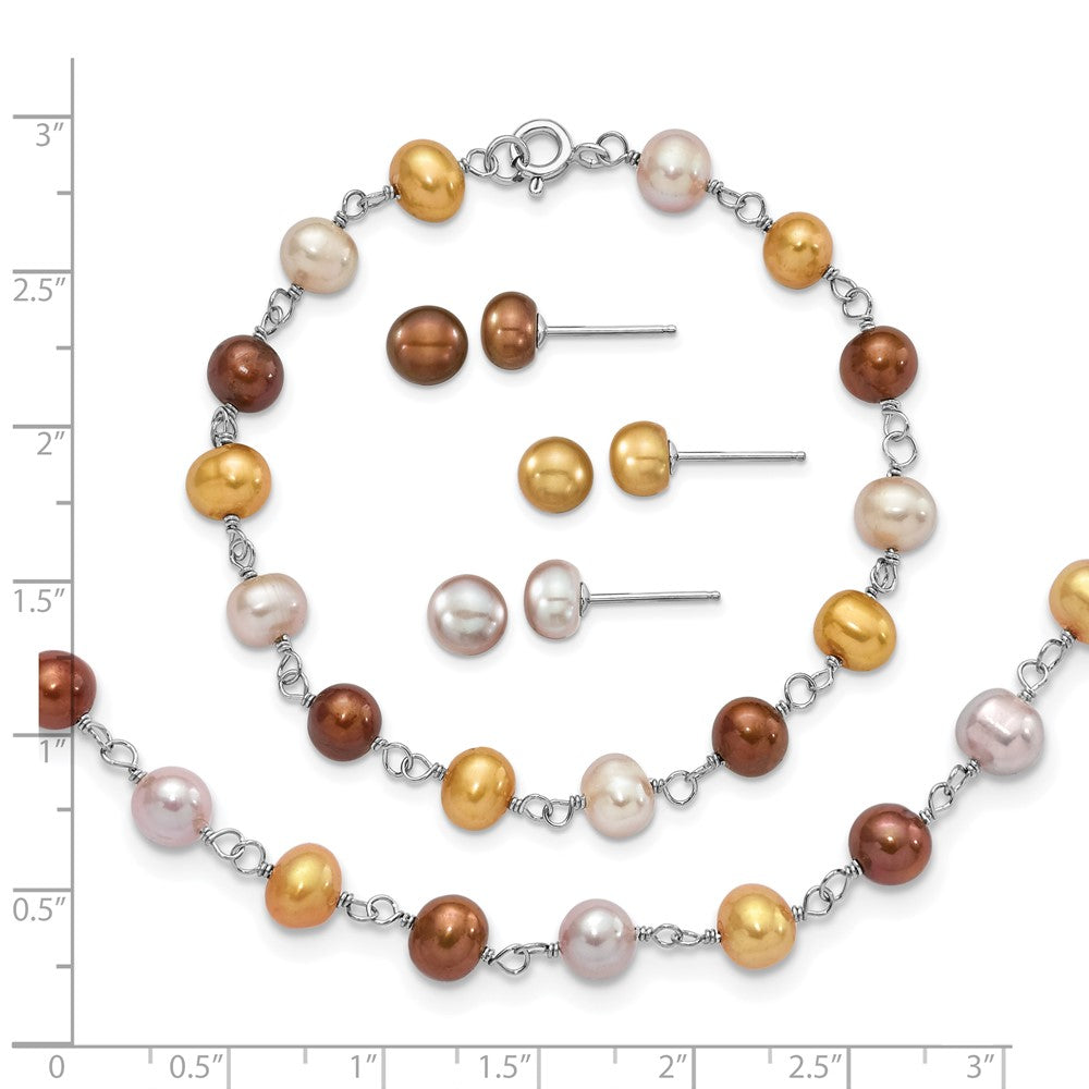 Sterling Silver Rhodium-plated White, Yellow and Brown Semi-Round Freshwater Cultured Pearl 18 inch Necklace, 7.25 inch Bracelet and 3-piece Button Post Earrings Set