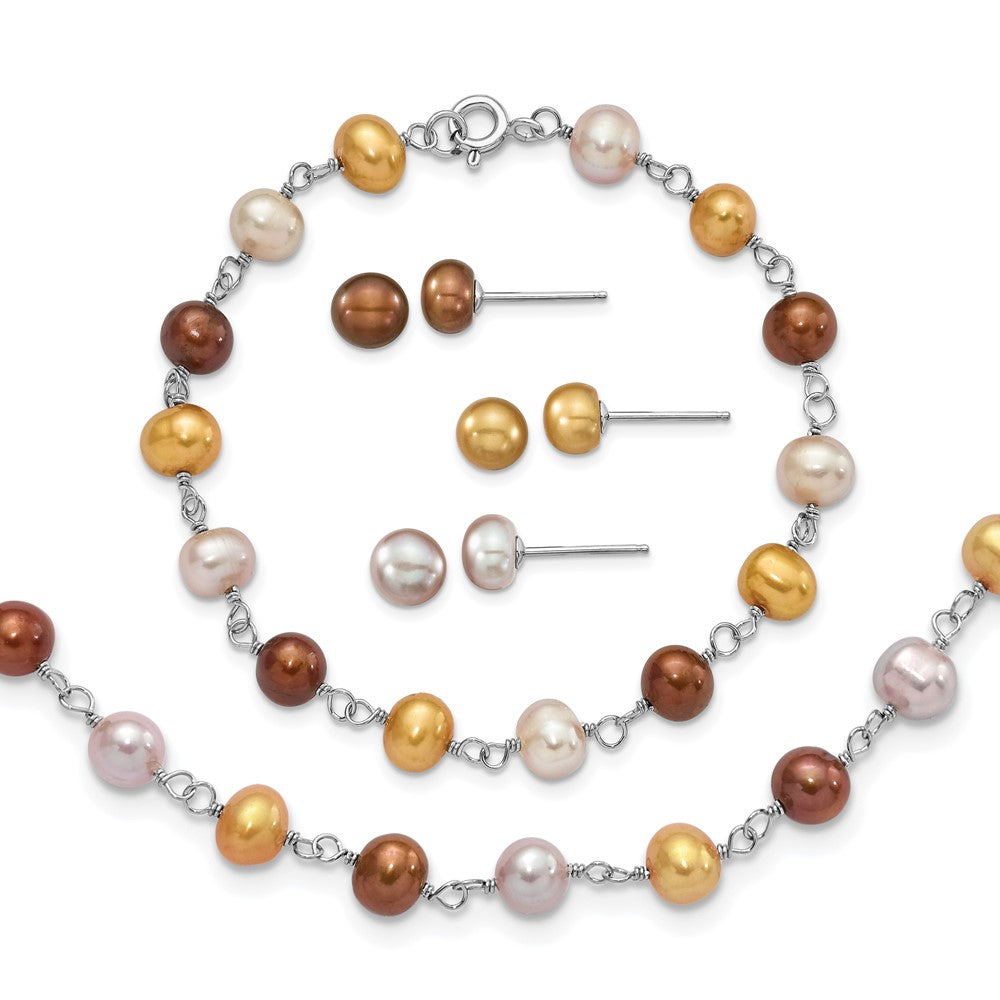 Sterling Silver Rhodium-plated White, Yellow and Brown Semi-Round Freshwater Cultured Pearl 18 inch Necklace, 7.25 inch Bracelet and 3-piece Button Post Earrings Set