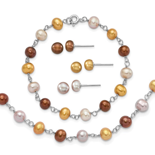 Sterling Silver Rhodium-plated White, Yellow and Brown Semi-Round Freshwater Cultured Pearl 18 inch Necklace, 7.25 inch Bracelet and 3-piece Button Post Earrings Set