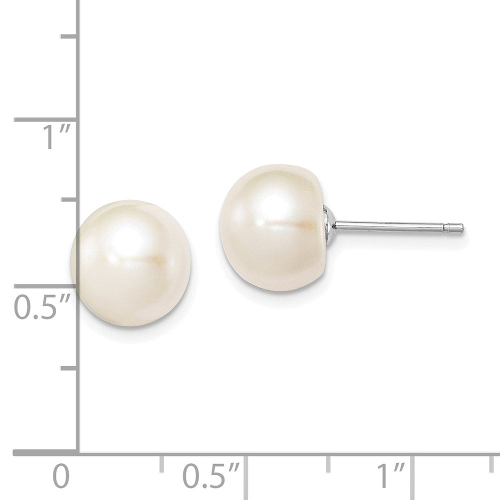 Sterling Silver Rhodium-plated 9-10mm White Button Freshwater Cultured Pearl Post Earrings