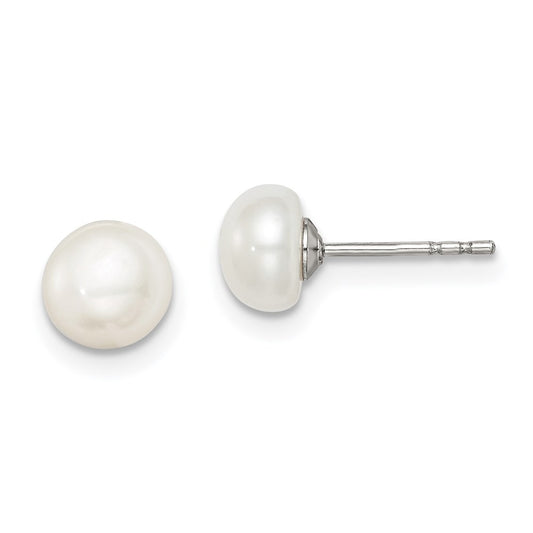 Sterling Silver Rhodium-plated 6-7mm White Button Freshwater Cultured Pearl Post Earrings