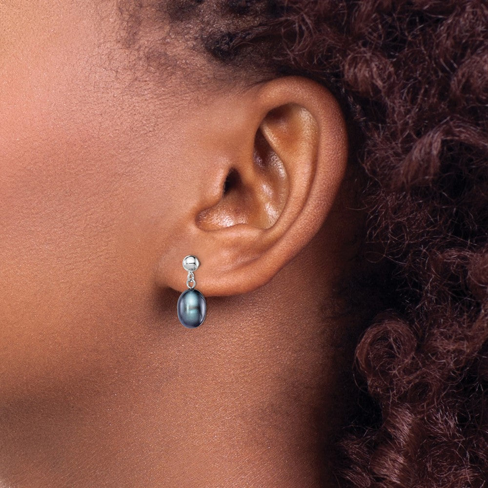 Sterling Silver Rhodium-plated 7-8mm Black Rice Freshwater Cultured Pearl Post Dangle Earrings