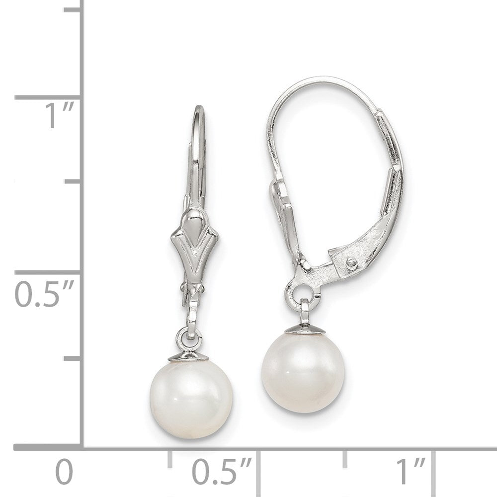 Sterling Silver Rhodium-plated 6-7mm White Round Freshwater Cultured Pearl Leverback Dangle Earrings