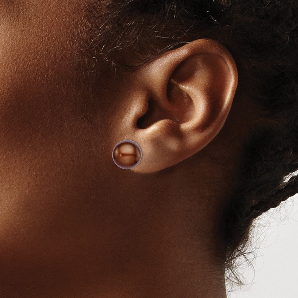 Sterling Silver Rhodium-plated 10-11mm Brown Button Freshwater Cultured Pearl Post Earrings