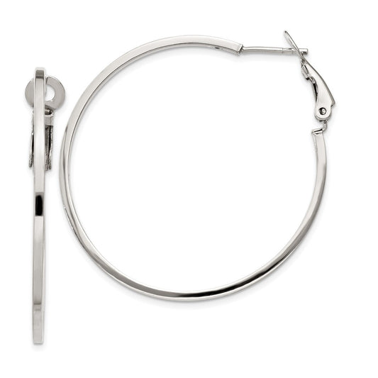Sterling Silver RH-plated 1.5x40mm Omega Back Round Hoop Earrings