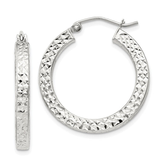 Sterling Silver D/C 3x25mm Square Tube Hoop Earrings