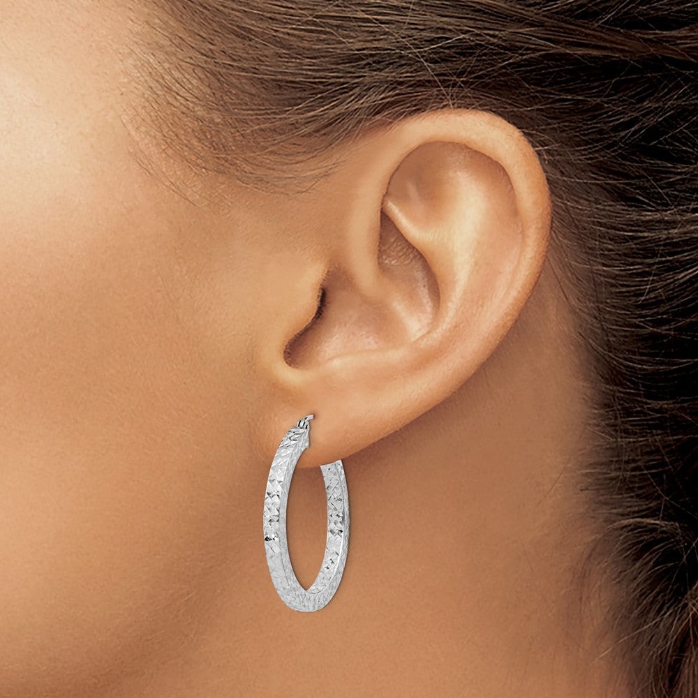 Sterling Silver Rhodium-plated Diamond-cut 3x30mm Square Tube Hoop Earrings